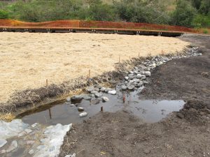 A shallow stream with rocks runs beside a straw-covered field and an orange construction fence.