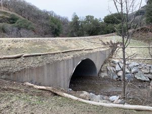 A concrete culvert with a corrugated metal arch under a grassy slope, surrounded by trees and rocks.