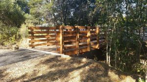 A wooden footbridge crosses over a small creek, surrounded by trees and natural vegetation.