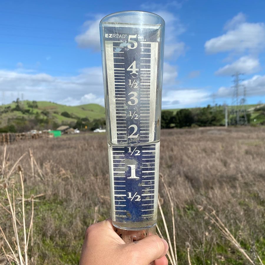 A hand holds a rain gauge showing about 2 inches of water, with grassy fields and hills in the background.