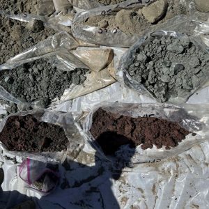 Bags of soil samples in various colors, including gray, greenish, and reddish-brown, spread on a tarp.