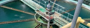 A water treatment facility with circular settling tanks and metal walkways above greenish water.